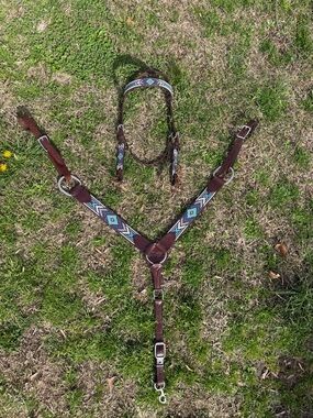 Brown Leather Western Breastcollar and Headstall with Turquoise Accent
